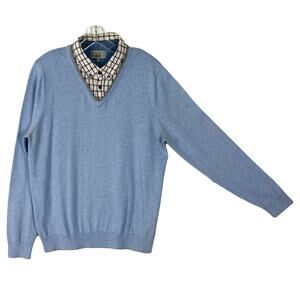 M&S COLLECTION Sweater UK M/US S Men Blue Plaid Shirt Collar V-Neck Long-Sleeve
